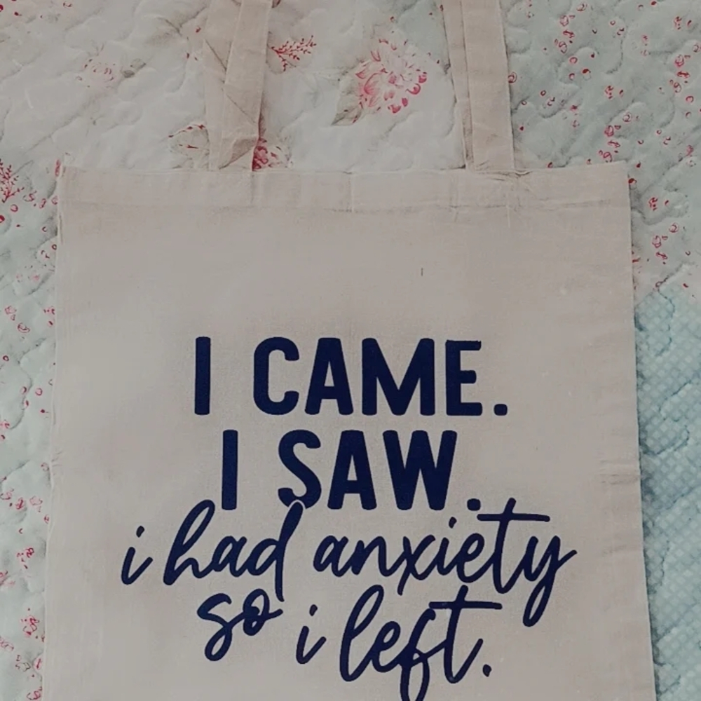 Beige Tote Bag with Blue Text
